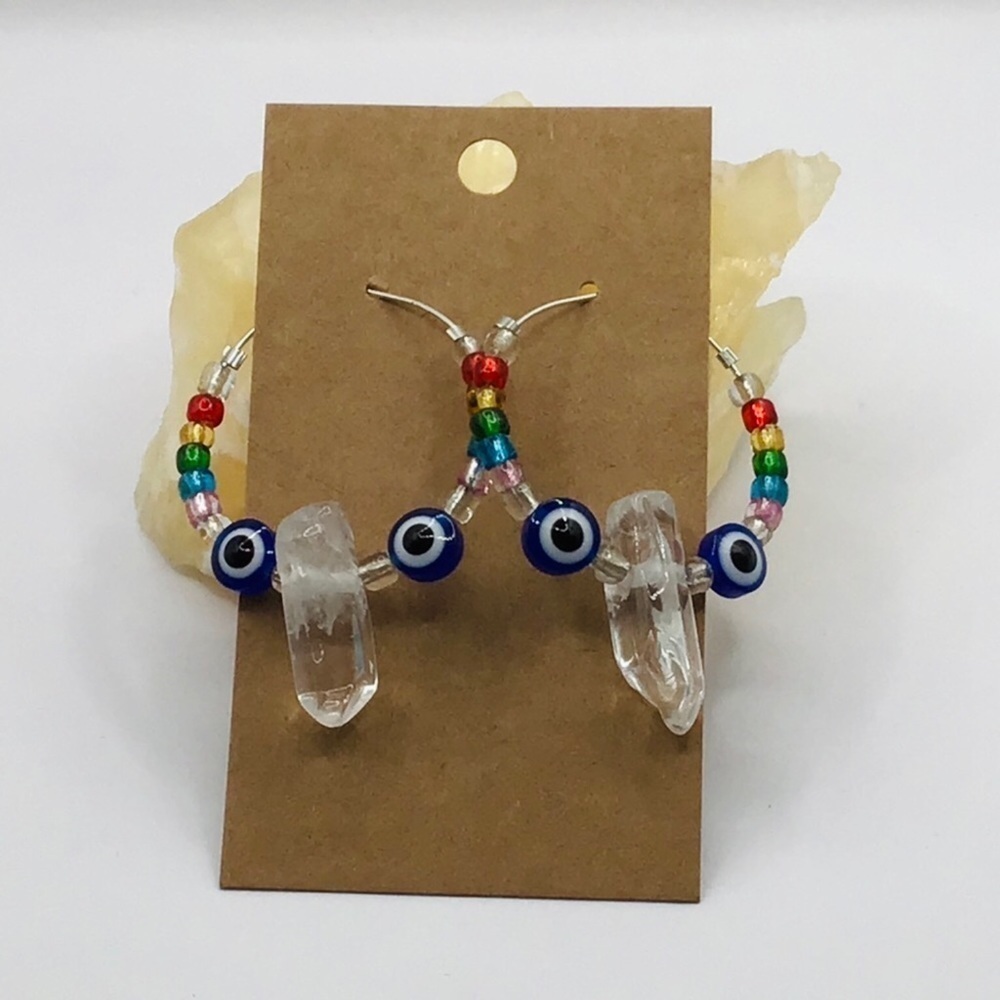 NEW Earrings Quartz Point Crystal Handmade Evil Eye Rainbow Chakra Silver Tone